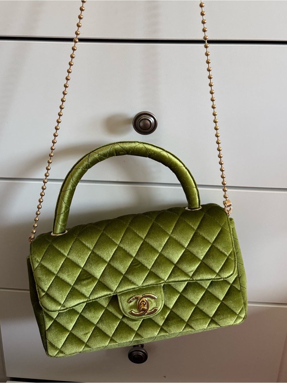 Green Quilted Top-Handle Shoulder Bag with Gold Chain